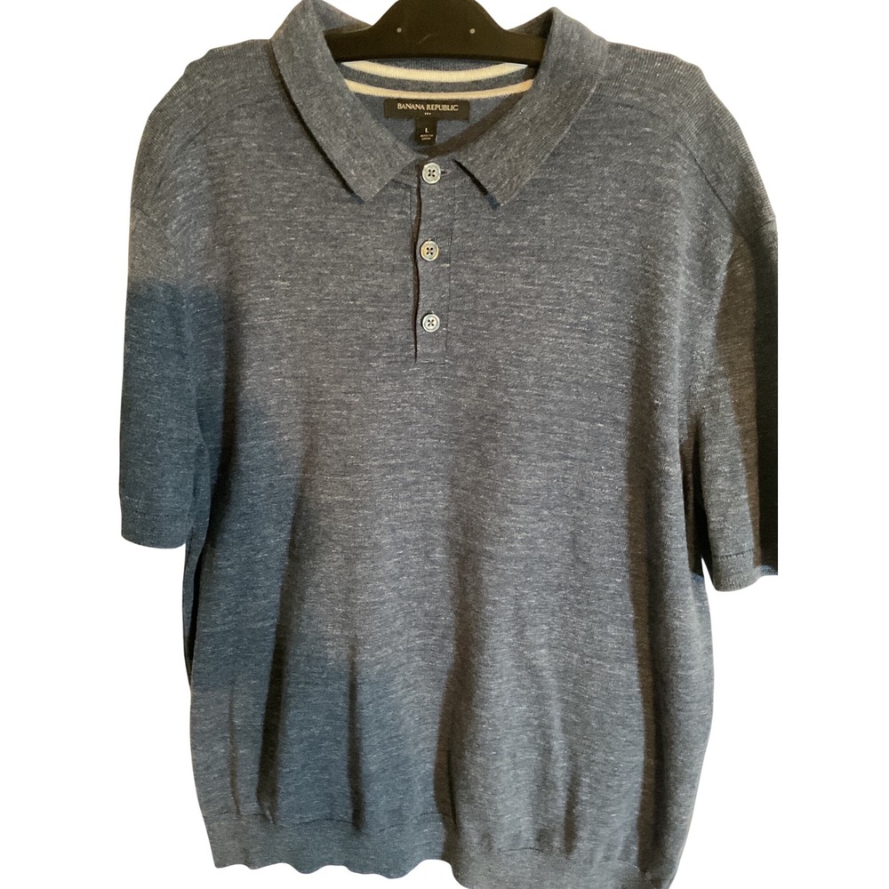 Banana Republic Mens Heathered Blue Knit Polo Shirt Size L Short Sleeve Casual